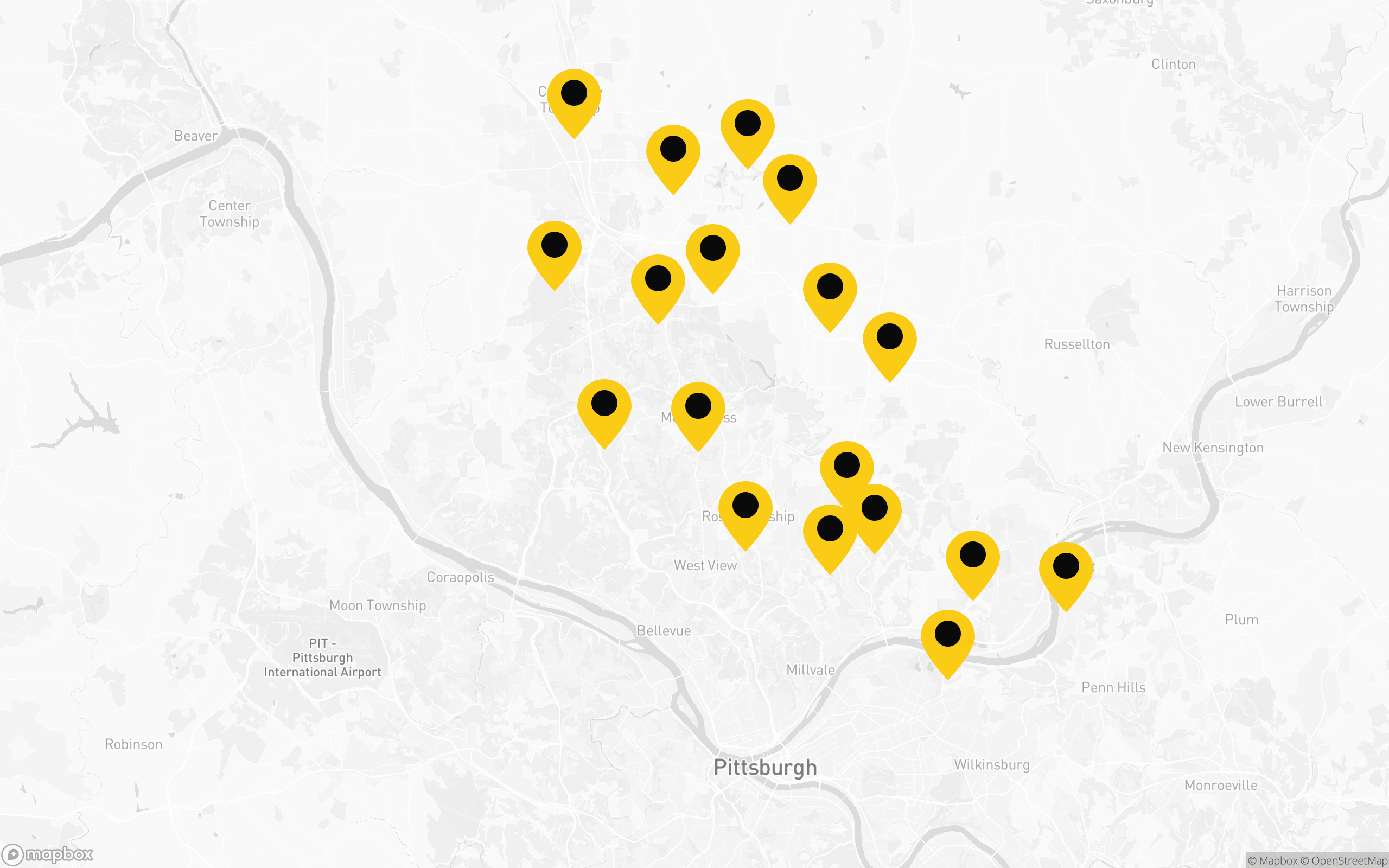 Map of Doo-Doo Dudes service area showing pins in communities north of Pittsburgh, from Cranberry in the west to Oakmont in the east.